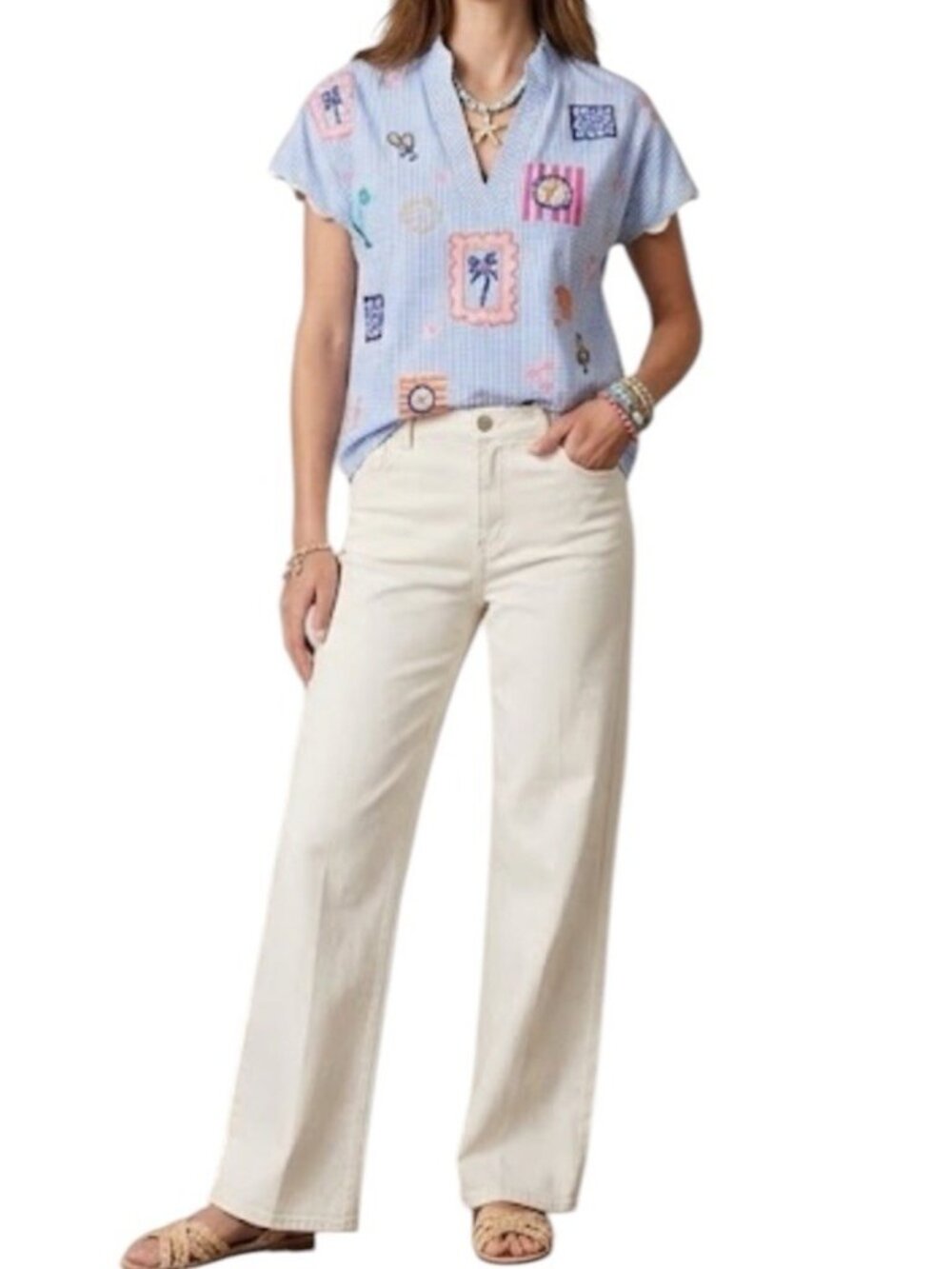 THML Blue Bon Voyage Blue Embroidered Gingham Print Cottage Top Size Medium